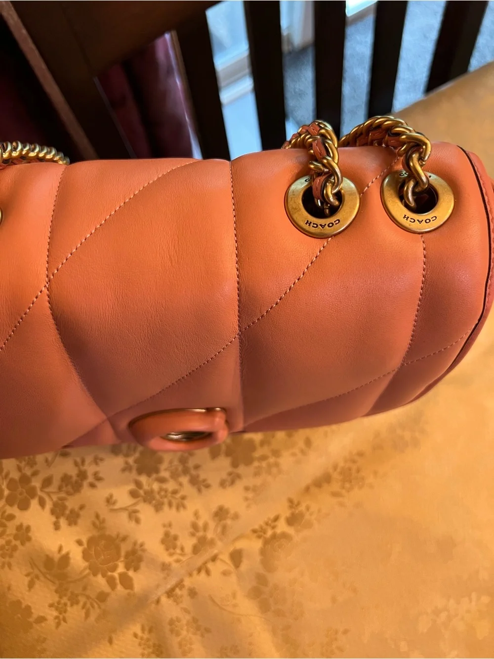 Coach Quilted Leather Shoulder Bag in Coral Orange with Gold Chain